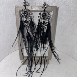 Dramatic Feather & Rhinestone Earrings